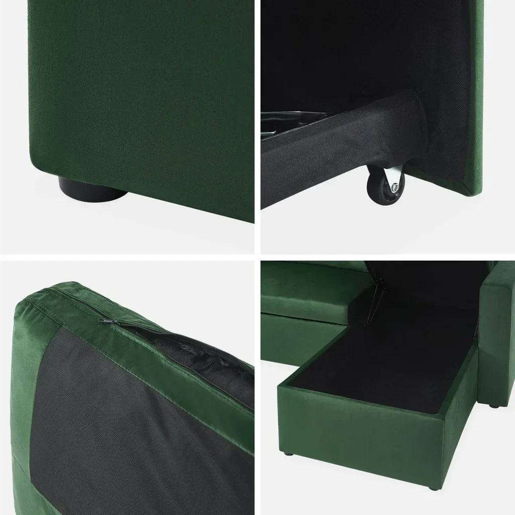3-Sitzer Schlafsofa Blau Samt mit Umkehrbarer Recamiere und Stauraum - Bettsofa mit Bettkasten