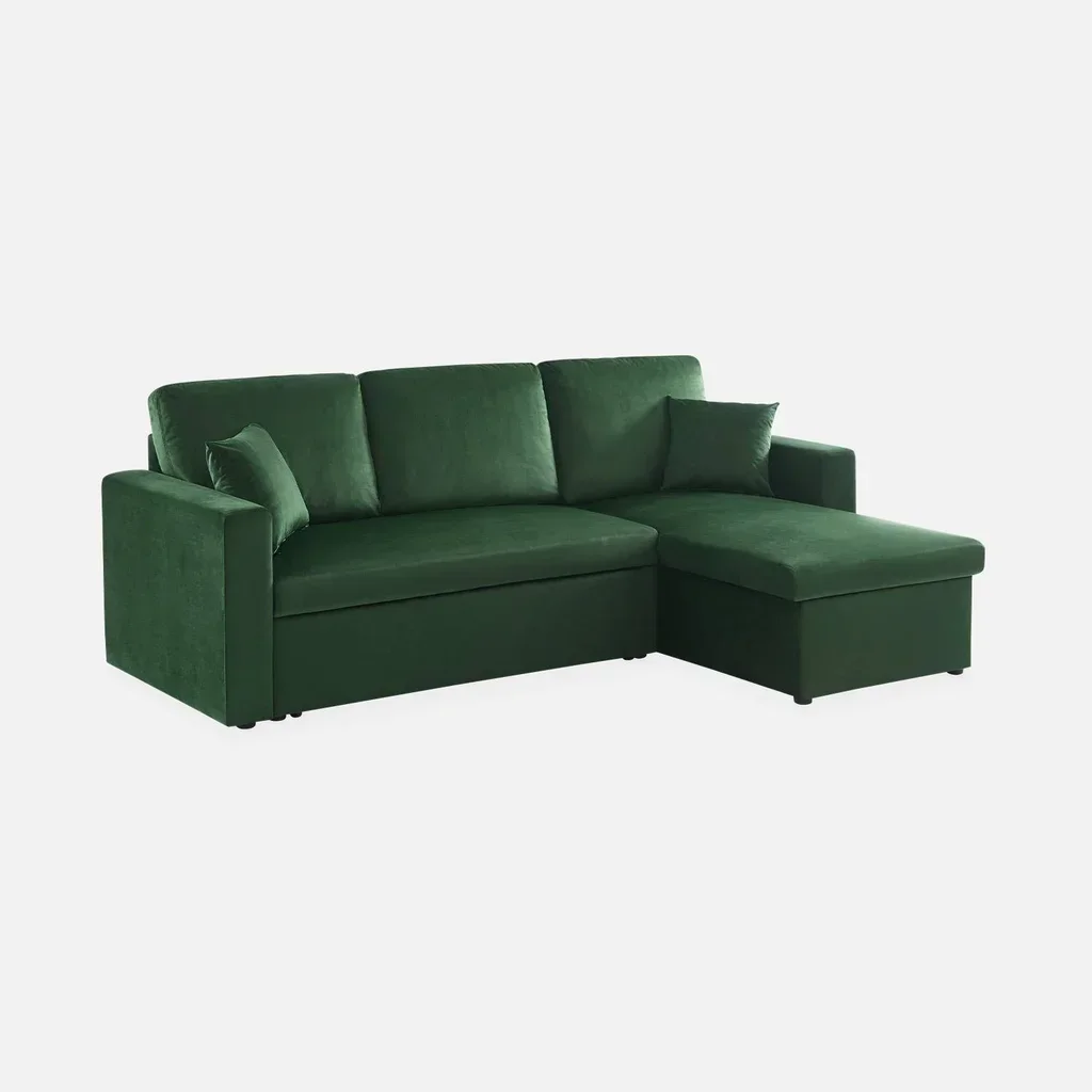 3-Sitzer Schlafsofa Blau Samt mit Umkehrbarer Recamiere und Stauraum - Bettsofa mit Bettkasten