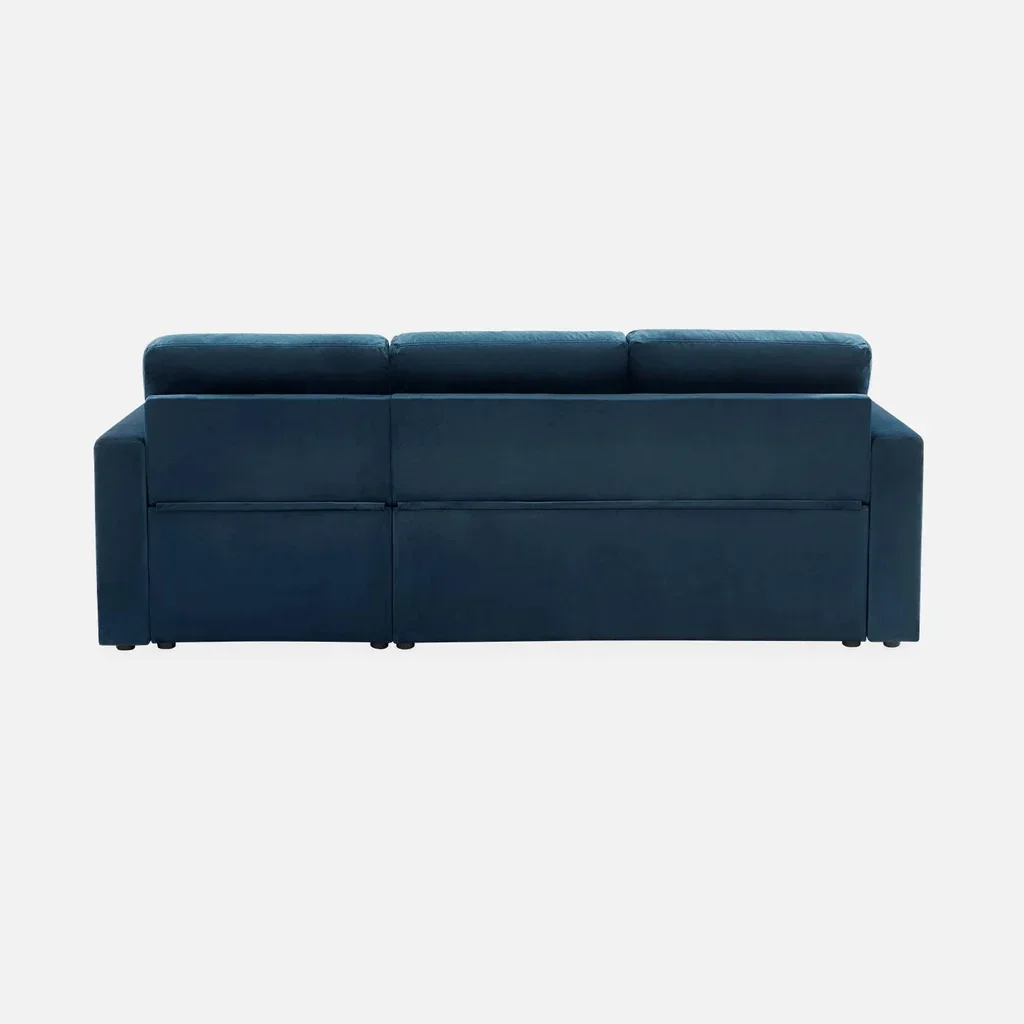 Blaues Samt-Schlafsofa 3-Sitzer mit Umkehrbarer Recamiere und Stauraum