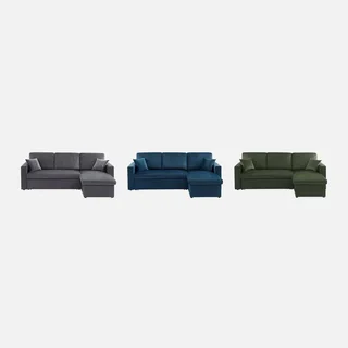 3-Sitzer Schlafsofa Blauer Samt Ottomane Umkehrbar mit Stauraum
