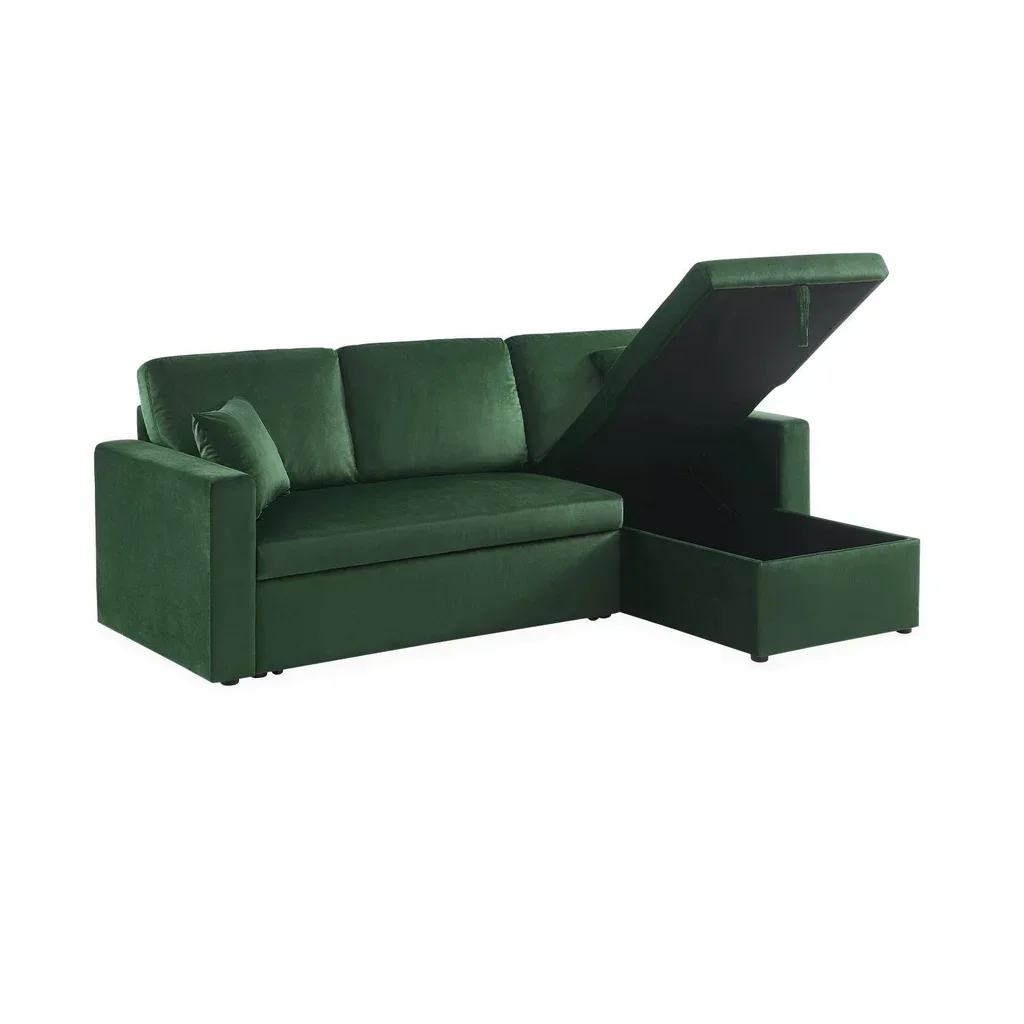 3-Sitzer Schlafsofa Blau Samt mit Umkehrbarer Recamiere und Stauraum - Bettsofa mit Bettkasten