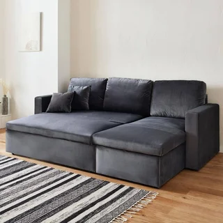 3-Sitzer Schlafsofa Blauer Samt Ottomane Umkehrbar mit Stauraum