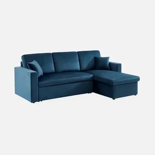 Blaues Samt-Schlafsofa 3-Sitzer mit Umkehrbarer Recamiere und Stauraum