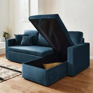 Blaues Samt-Schlafsofa 3-Sitzer mit Umkehrbarer Recamiere und Stauraum