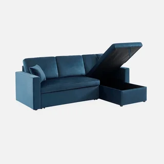 Blaues Samt-Schlafsofa 3-Sitzer mit Umkehrbarer Recamiere und Stauraum