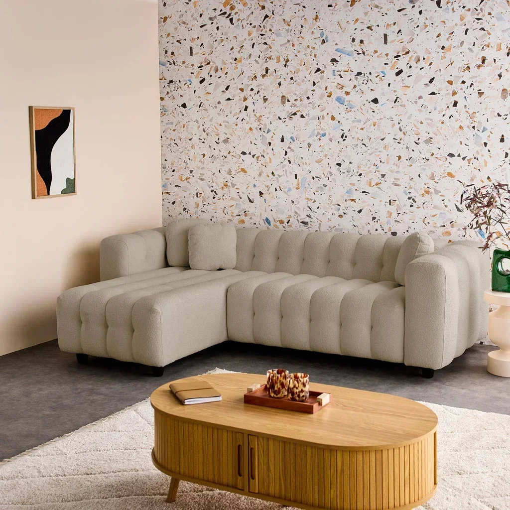 Canapé d'angle modulable bouclette beige 4 places méridienne réversible