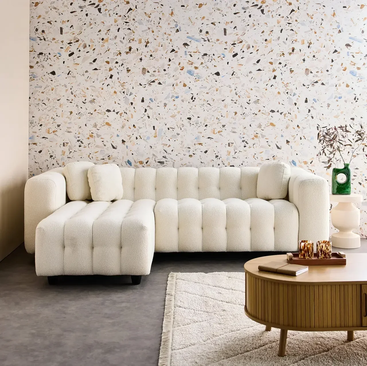 Canapé d'angle modulable beige bouclette 3/4 places réversible méridienne