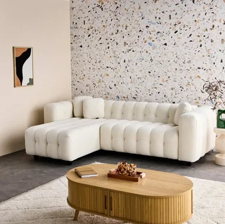 Canapé d'angle modulable beige bouclette 3/4 places réversible méridienne
