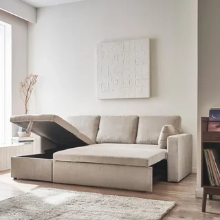 Blaue Cord-Samt Ecksofa mit Schlaffunktion 3-Sitzer mit reversiblem Longchair und Stauraum - modernes Wohnzimmermöbel