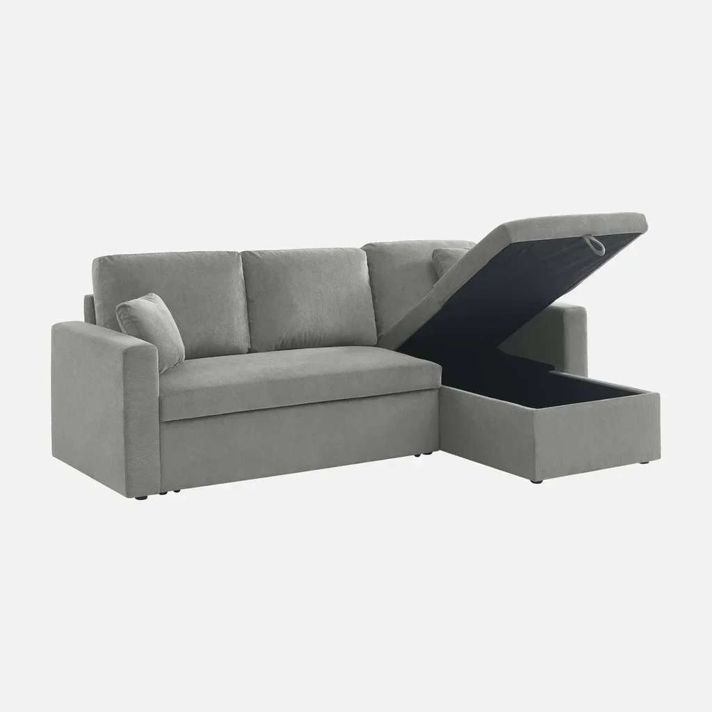 Blaues Cord-Samt Ecksofa mit Schlaffunktion 3-Sitzer mit verstellbarer Ottomane und Stauraum
