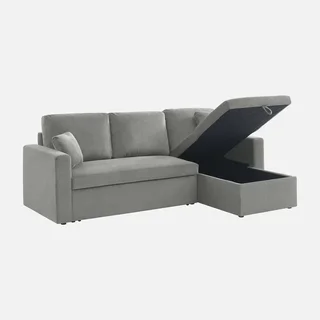 Blaues Cord-Samt Ecksofa mit Schlaffunktion 3-Sitzer mit verstellbarer Ottomane und Stauraum