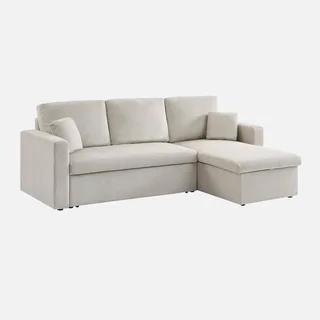 Blaue Cord-Samt Ecksofa mit Schlaffunktion 3-Sitzer mit reversiblem Longchair und Stauraum - modernes Wohnzimmermöbel