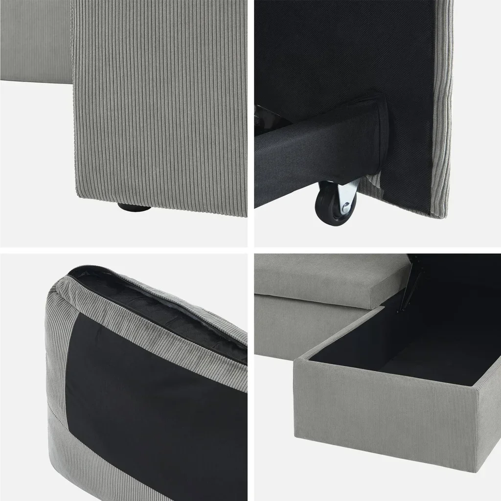 Blaues Cord-Samt Ecksofa mit Schlaffunktion 3-Sitzer mit verstellbarer Ottomane und Stauraum