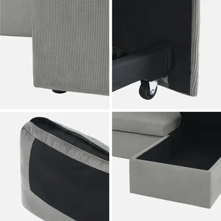Blaues Cord-Samt Ecksofa mit Schlaffunktion 3-Sitzer mit verstellbarer Ottomane und Stauraum