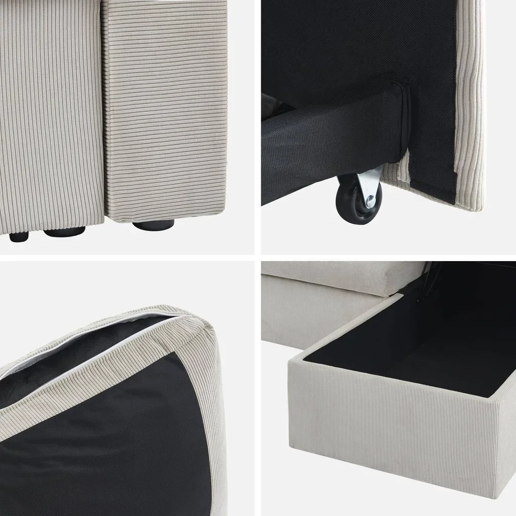 Blaue Cord-Samt Ecksofa mit Schlaffunktion 3-Sitzer mit reversiblem Longchair und Stauraum - modernes Wohnzimmermöbel