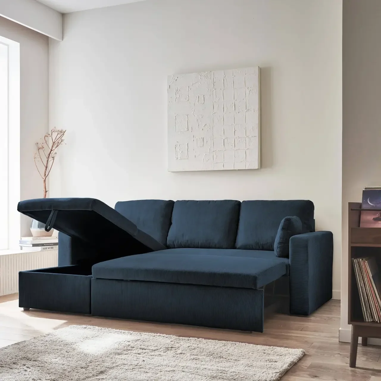 Blaue Cord-Samt Ecksofa mit Schlaffunktion 3-Sitzer mit reversiblem Longchair und Stauraum - modernes Wohnzimmermöbel