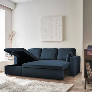 Blaue Cord-Samt Ecksofa mit Schlaffunktion 3-Sitzer mit reversiblem Longchair und Stauraum - modernes Wohnzimmermöbel