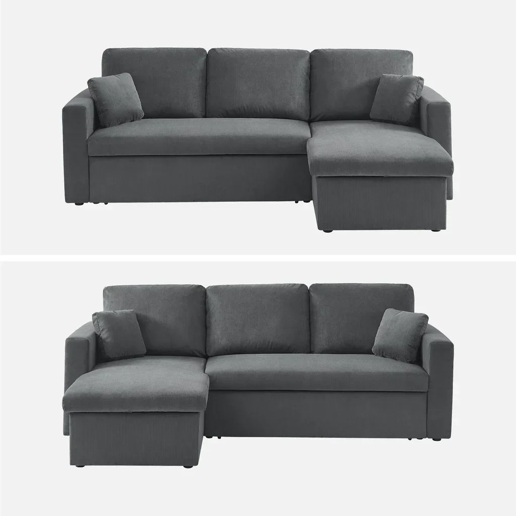Blaue Samt Ecksofa mit Schlaffunktion 3-Sitzer mit reversiblem Recamiere und Bettkasten