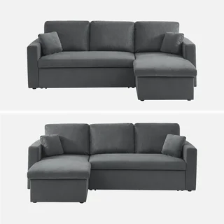 Blaue Samt Ecksofa mit Schlaffunktion 3-Sitzer mit reversiblem Recamiere und Bettkasten