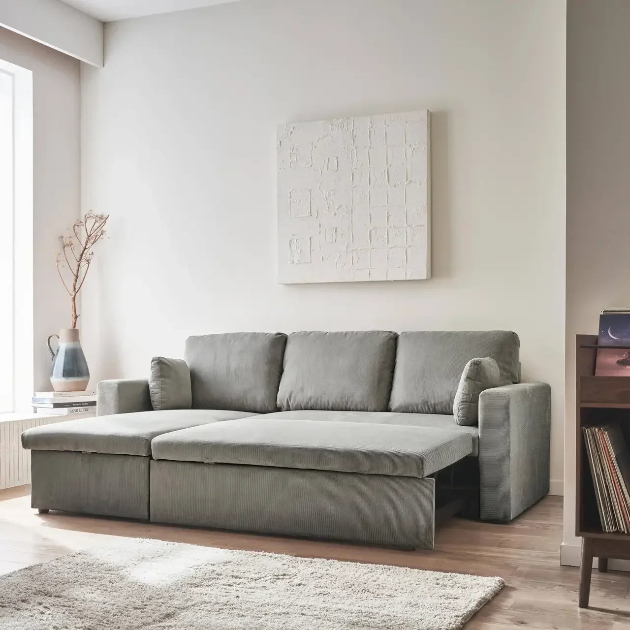 Blaues Cord-Samt Ecksofa mit Schlaffunktion 3-Sitzer mit verstellbarer Ottomane und Stauraum