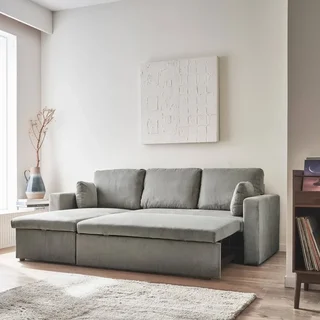 Blaues Cord-Samt Ecksofa mit Schlaffunktion 3-Sitzer mit verstellbarer Ottomane und Stauraum