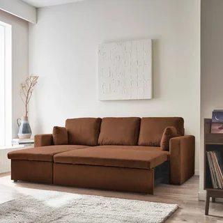 Blaue Samt Ecksofa mit Schlaffunktion 3-Sitzer mit Stauraum - IDA