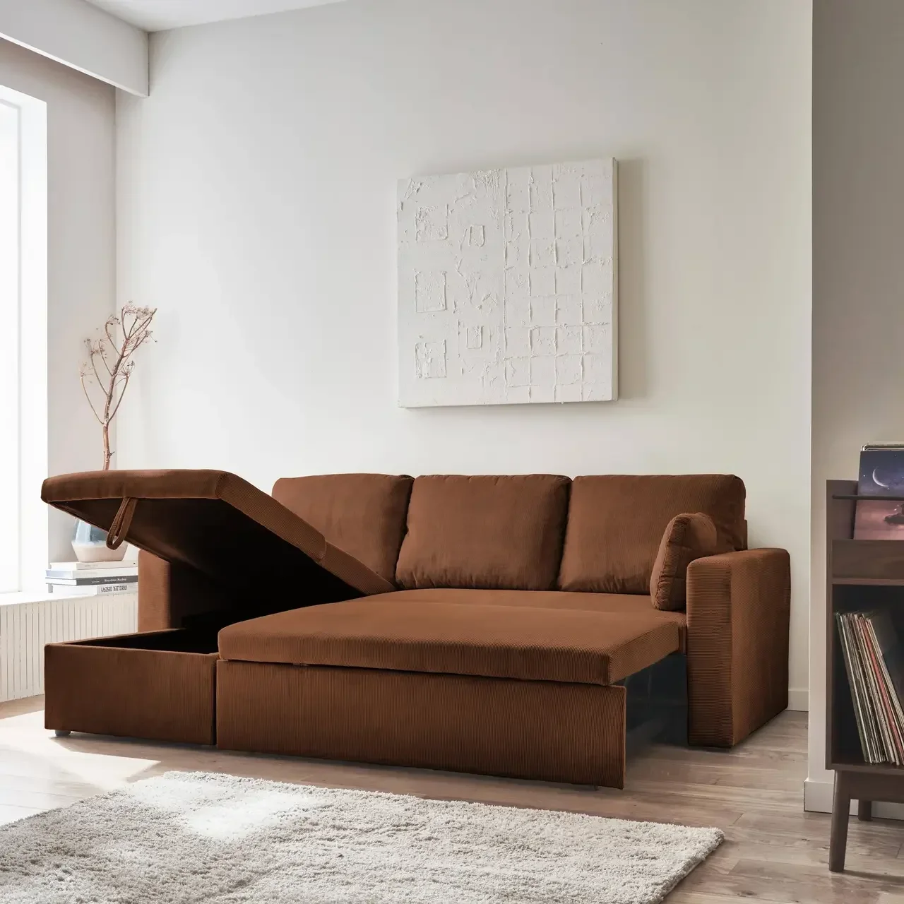Blaue Samt Ecksofa mit Schlaffunktion 3-Sitzer mit Stauraum - IDA