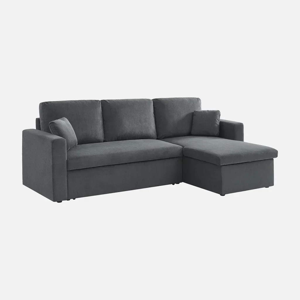 Blaue Samt Ecksofa mit Schlaffunktion 3-Sitzer mit reversiblem Recamiere und Bettkasten