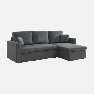 Blaue Samt Ecksofa mit Schlaffunktion 3-Sitzer mit reversiblem Recamiere und Bettkasten