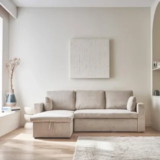 Blaue Cord-Samt Ecksofa mit Schlaffunktion 3-Sitzer mit reversiblem Longchair und Stauraum - modernes Wohnzimmermöbel