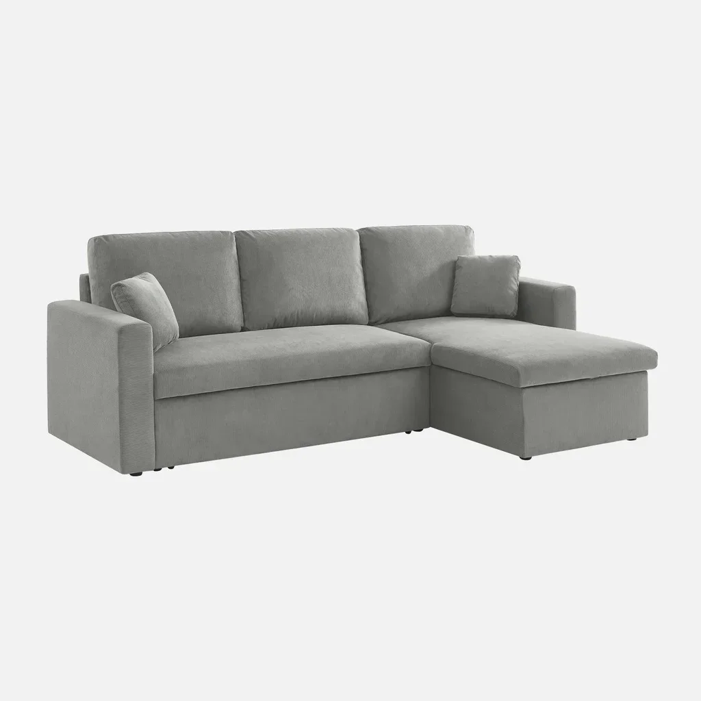 Blaues Cord-Samt Ecksofa mit Schlaffunktion 3-Sitzer mit verstellbarer Ottomane und Stauraum