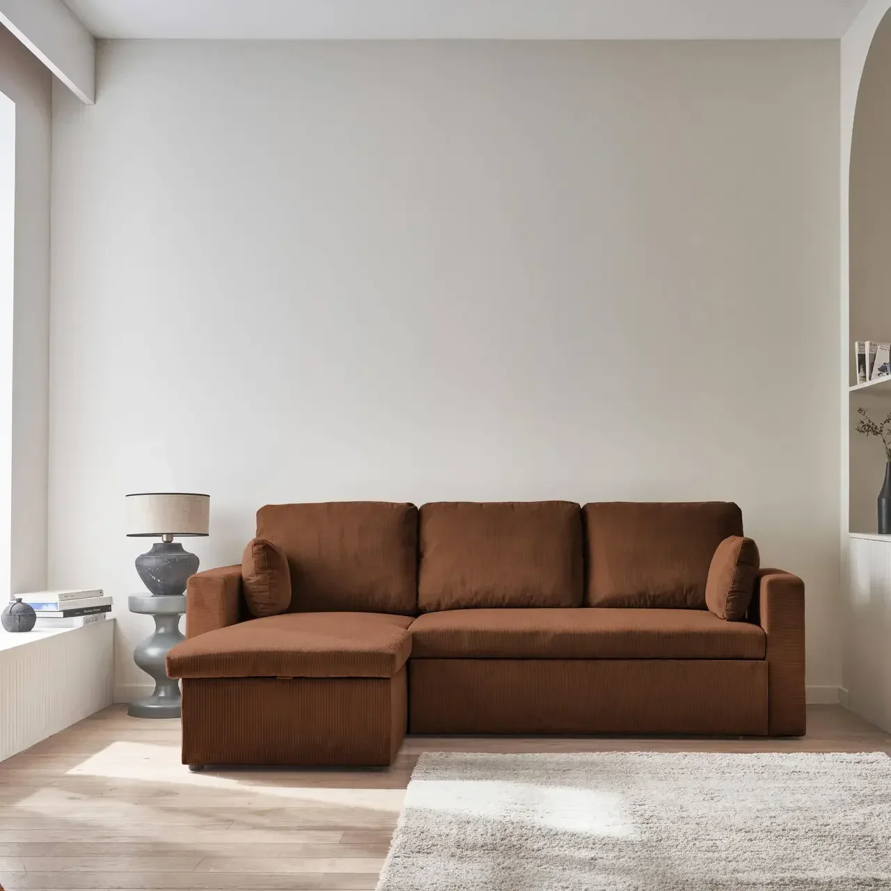 Blaue Samt Ecksofa mit Schlaffunktion 3-Sitzer mit Stauraum - IDA