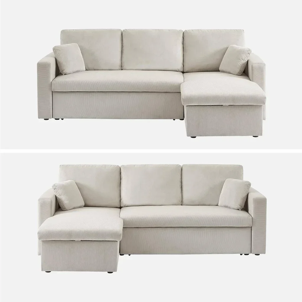 Blaue Cord-Samt Ecksofa mit Schlaffunktion 3-Sitzer mit reversiblem Longchair und Stauraum - modernes Wohnzimmermöbel