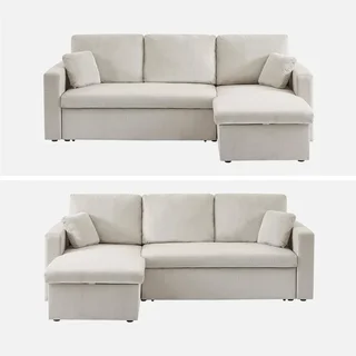 Blaue Cord-Samt Ecksofa mit Schlaffunktion 3-Sitzer mit reversiblem Longchair und Stauraum - modernes Wohnzimmermöbel