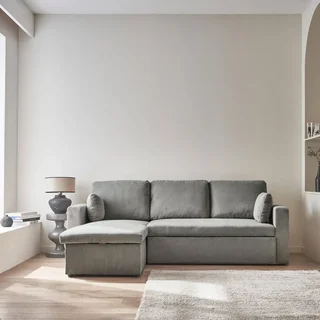 Blaues Cord-Samt Ecksofa mit Schlaffunktion 3-Sitzer mit verstellbarer Ottomane und Stauraum