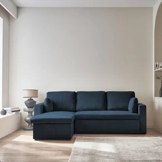 Blaue Cord-Samt Ecksofa mit Schlaffunktion 3-Sitzer mit reversiblem Longchair und Stauraum - modernes Wohnzimmermöbel