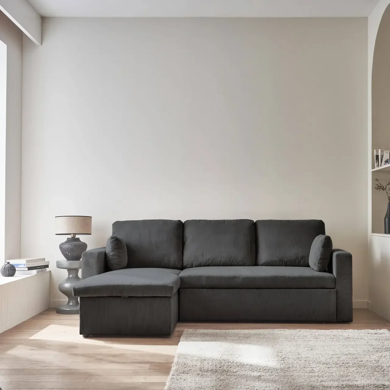 Blaue Samt Ecksofa mit Schlaffunktion 3-Sitzer mit reversiblem Recamiere und Bettkasten