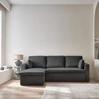 Blaue Samt Ecksofa mit Schlaffunktion 3-Sitzer mit reversiblem Recamiere und Bettkasten