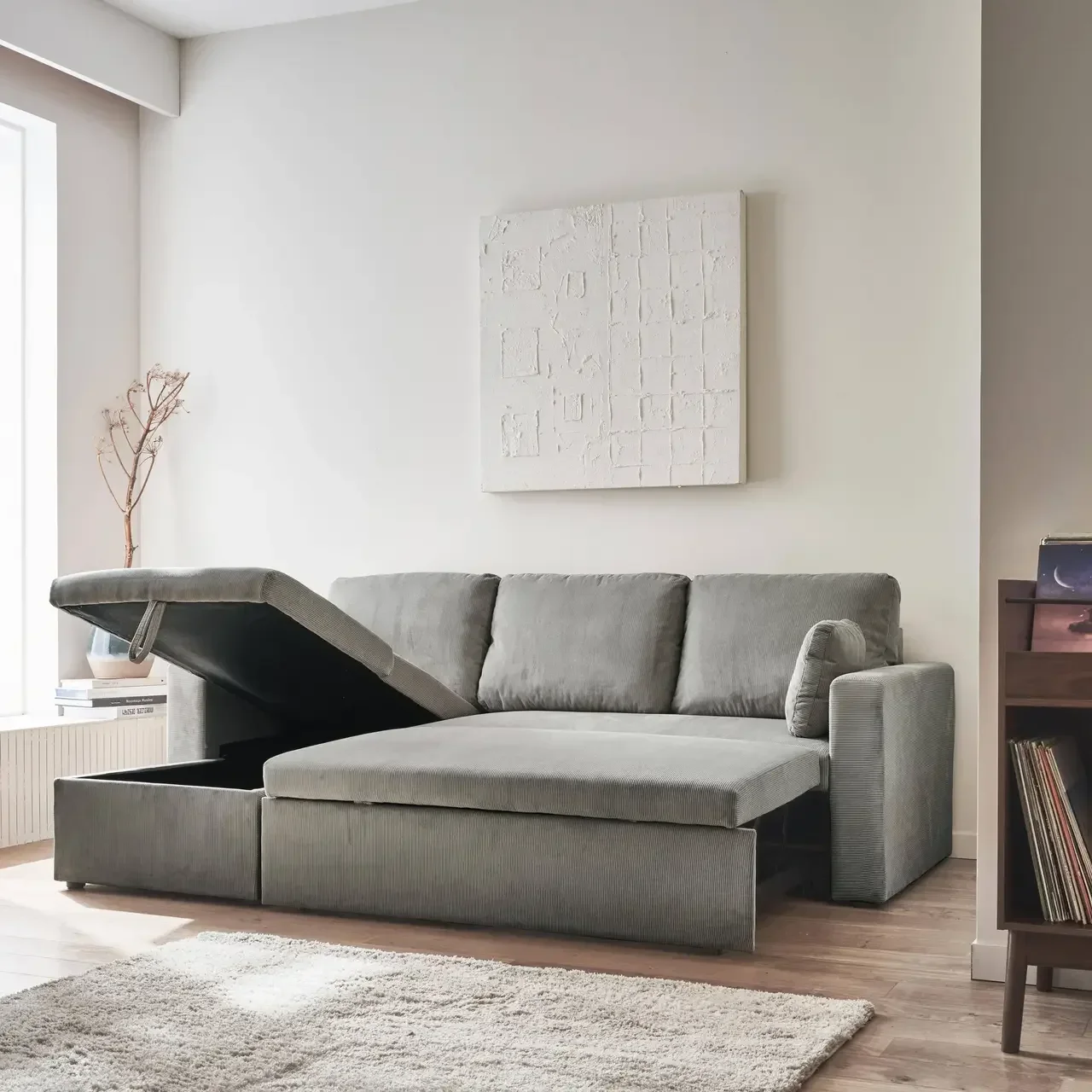 Blaues Cord-Samt Ecksofa mit Schlaffunktion 3-Sitzer mit verstellbarer Ottomane und Stauraum