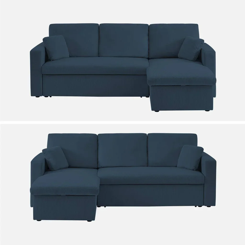 Blaue Cord-Samt Ecksofa mit Schlaffunktion 3-Sitzer mit reversiblem Longchair und Stauraum - modernes Wohnzimmermöbel