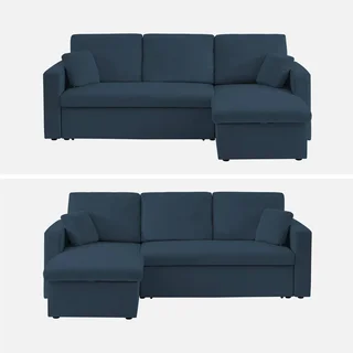 Blaue Cord-Samt Ecksofa mit Schlaffunktion 3-Sitzer mit reversiblem Longchair und Stauraum - modernes Wohnzimmermöbel