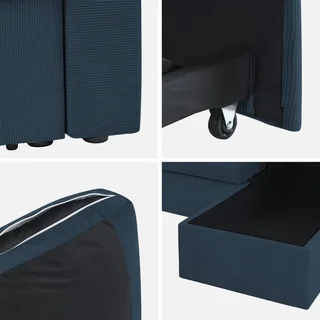 Blaue Cord-Samt Ecksofa mit Schlaffunktion 3-Sitzer mit reversiblem Longchair und Stauraum - modernes Wohnzimmermöbel