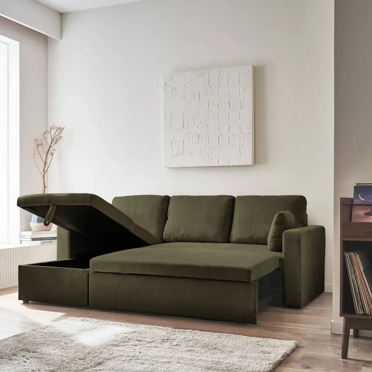 Blaues Cord-Samt Ecksofa Schlafsofa 3-Sitzer umkehrbar mit Bettkasten