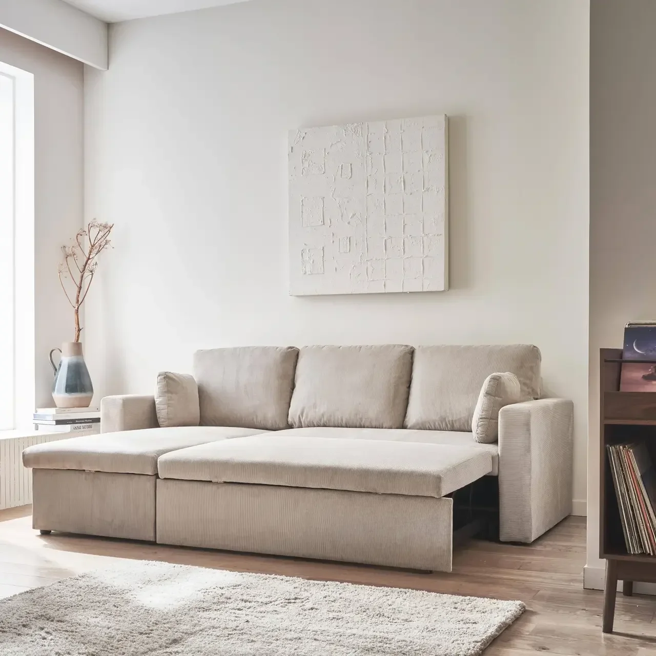 Blaue Cord-Samt Ecksofa mit Schlaffunktion 3-Sitzer mit reversiblem Longchair und Stauraum - modernes Wohnzimmermöbel