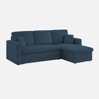Blaue Cord-Samt Ecksofa mit Schlaffunktion 3-Sitzer mit reversiblem Longchair und Stauraum - modernes Wohnzimmermöbel