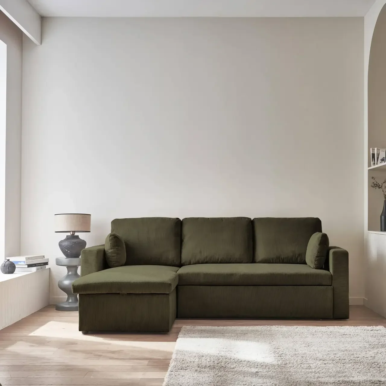 Blaues Cord-Samt Ecksofa Schlafsofa 3-Sitzer umkehrbar mit Bettkasten