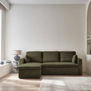 Blaues Cord-Samt Ecksofa Schlafsofa 3-Sitzer umkehrbar mit Bettkasten