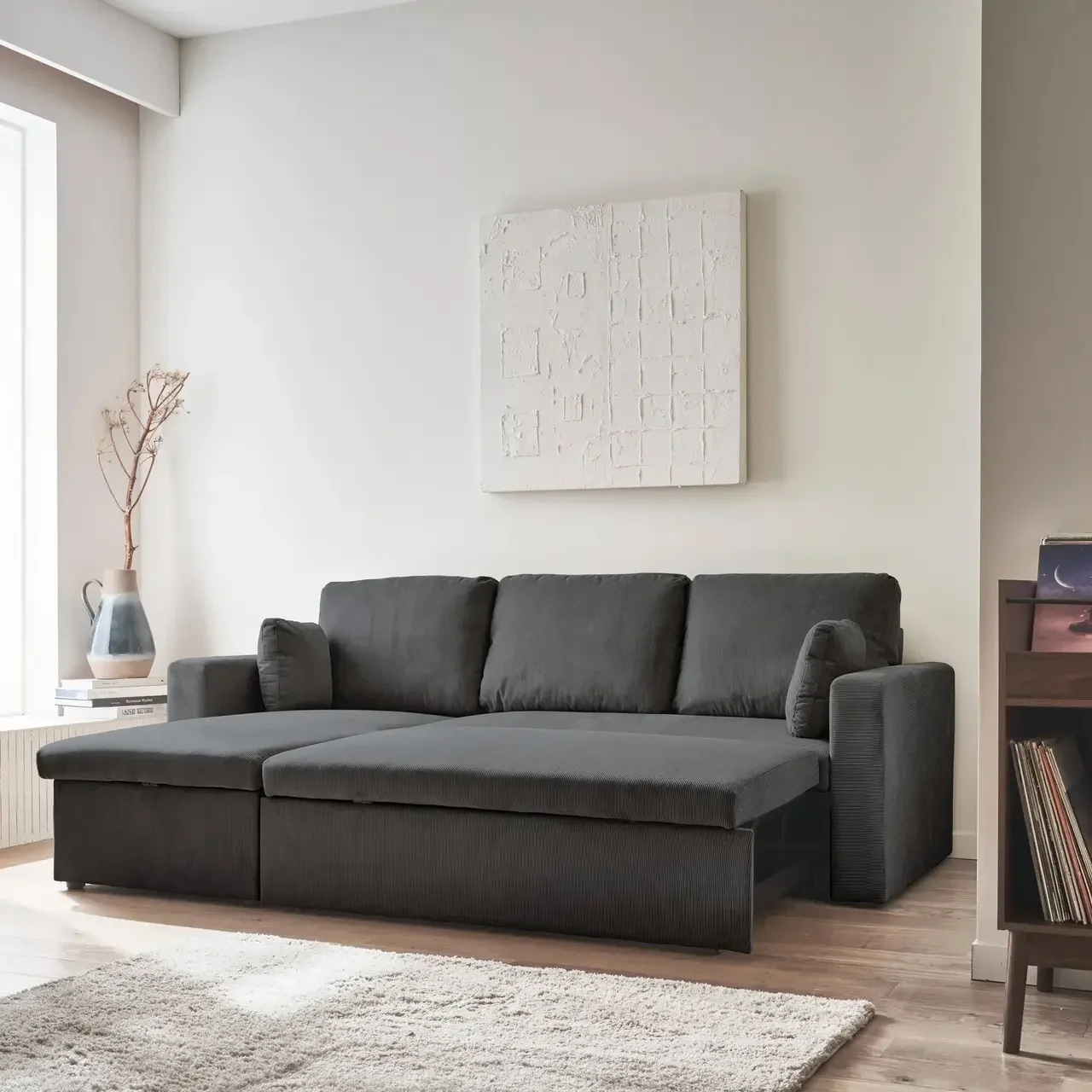 Blaue Samt Ecksofa mit Schlaffunktion 3-Sitzer mit reversiblem Recamiere und Bettkasten