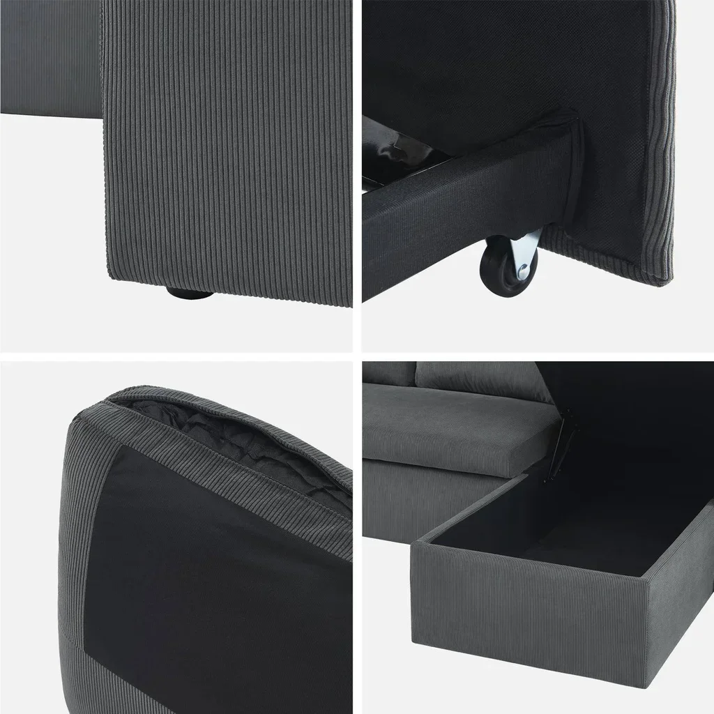 Blaue Samt Ecksofa mit Schlaffunktion 3-Sitzer mit reversiblem Recamiere und Bettkasten