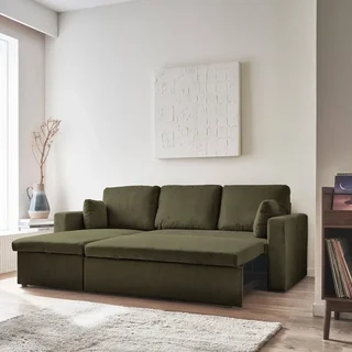 Blaues Cord-Samt Ecksofa Schlafsofa 3-Sitzer umkehrbar mit Bettkasten